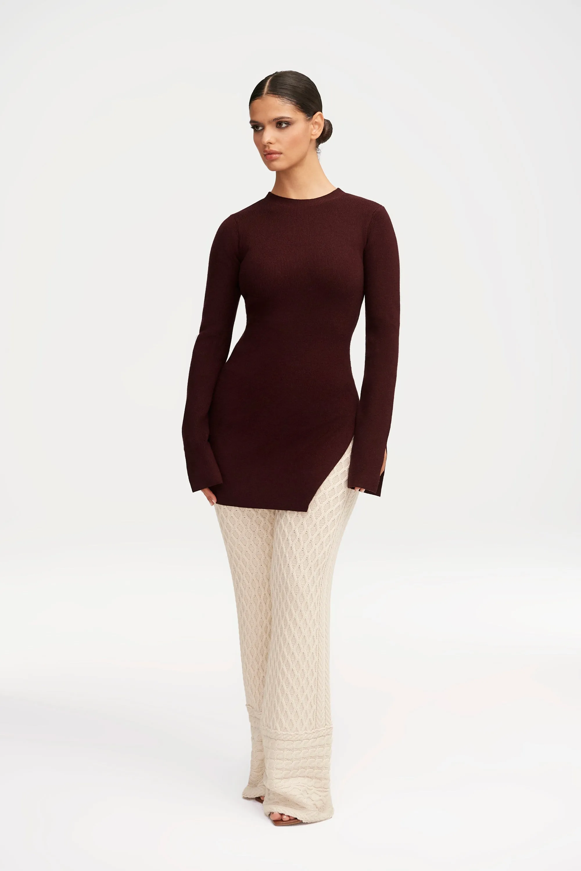 Inaya Ribbed Side Slit Top - Chocolate Plum