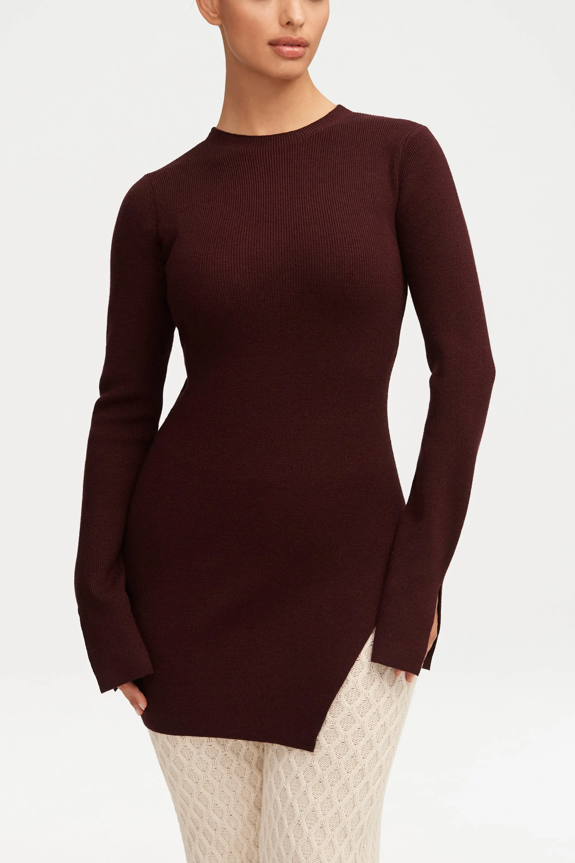 Inaya Ribbed Side Slit Top - Chocolate Plum