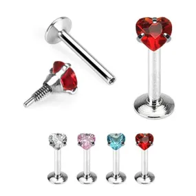 Internally Threaded Prong Set Heart CZ Labret Tragus