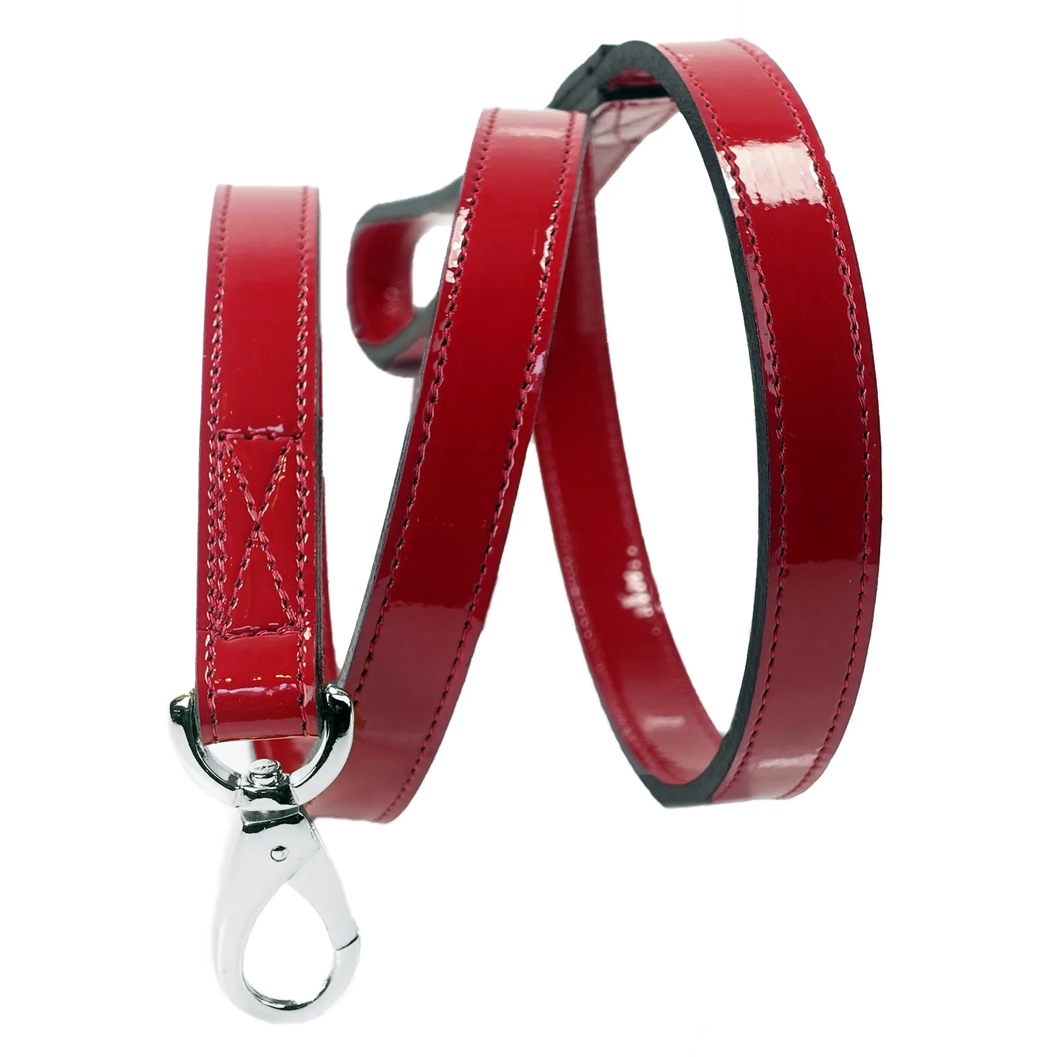 Italian Red Patent Leather Dog Leash in Nickel