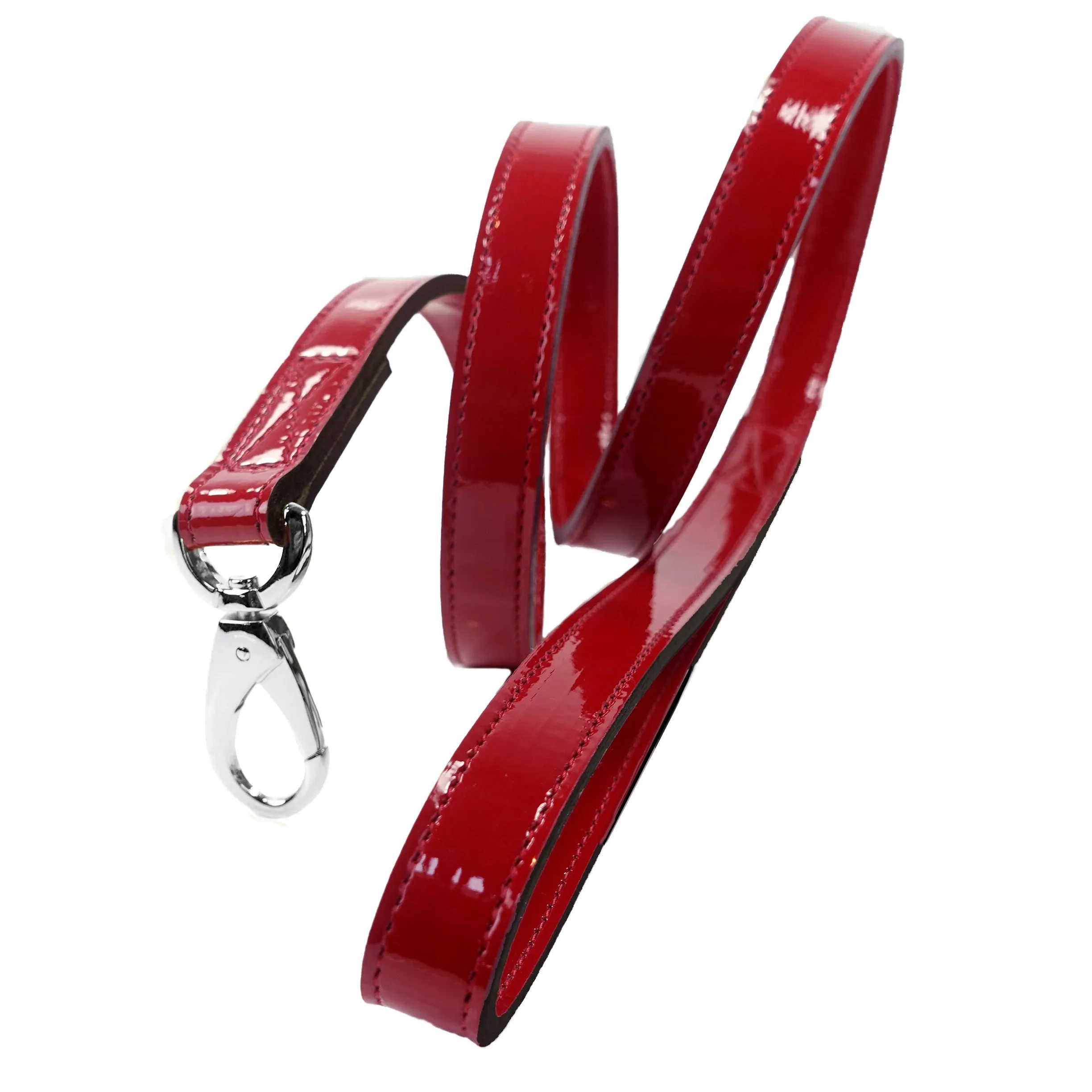 Italian Red Patent Leather Dog Leash in Nickel