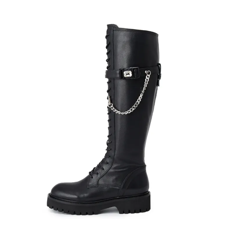 Ladies Chain Leather Combat Boot 5564