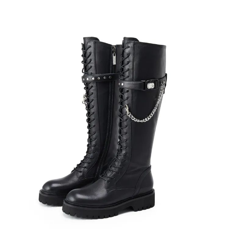 Ladies Chain Leather Combat Boot 5564