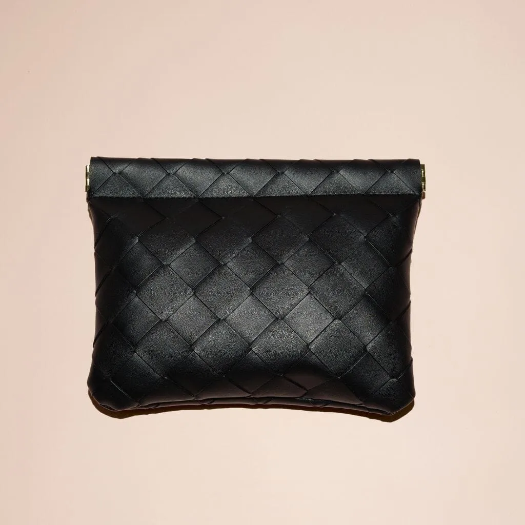 Large black woven clutch