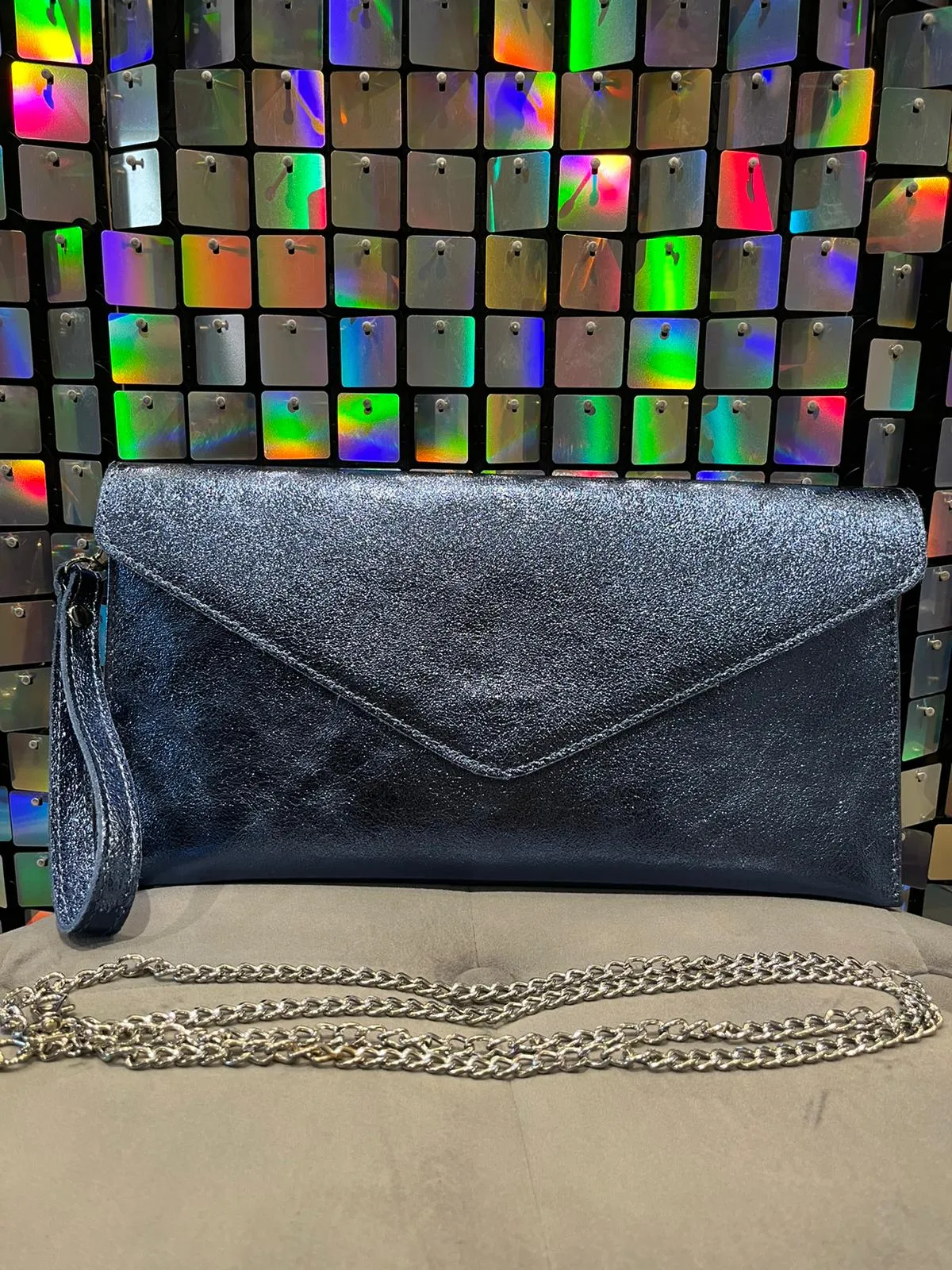 Metallic leather Clutch bag with cross body strap