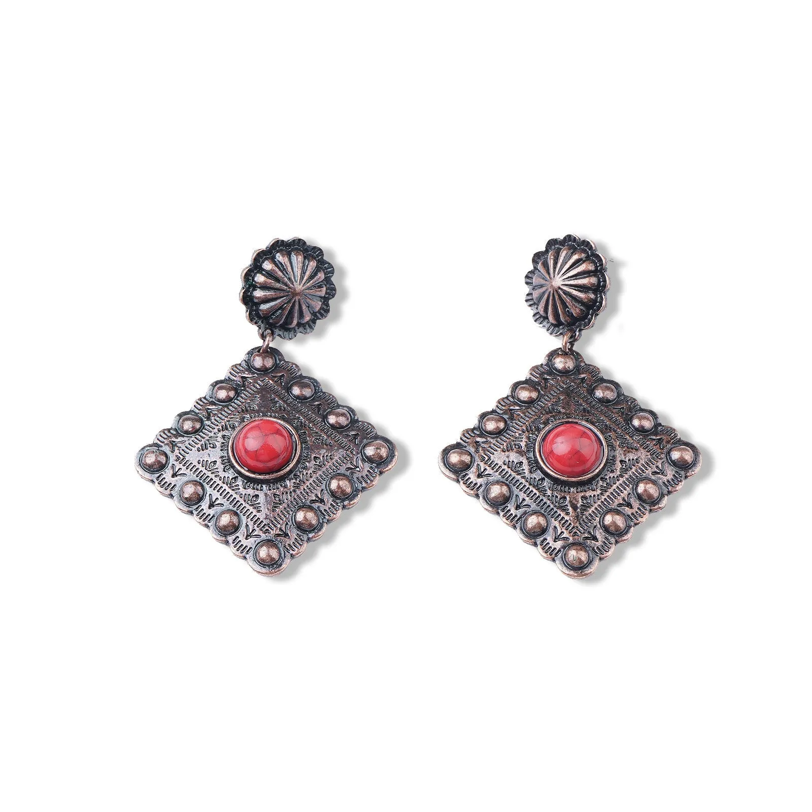 Montana West Red Stone Bronze Rhombus Earrings