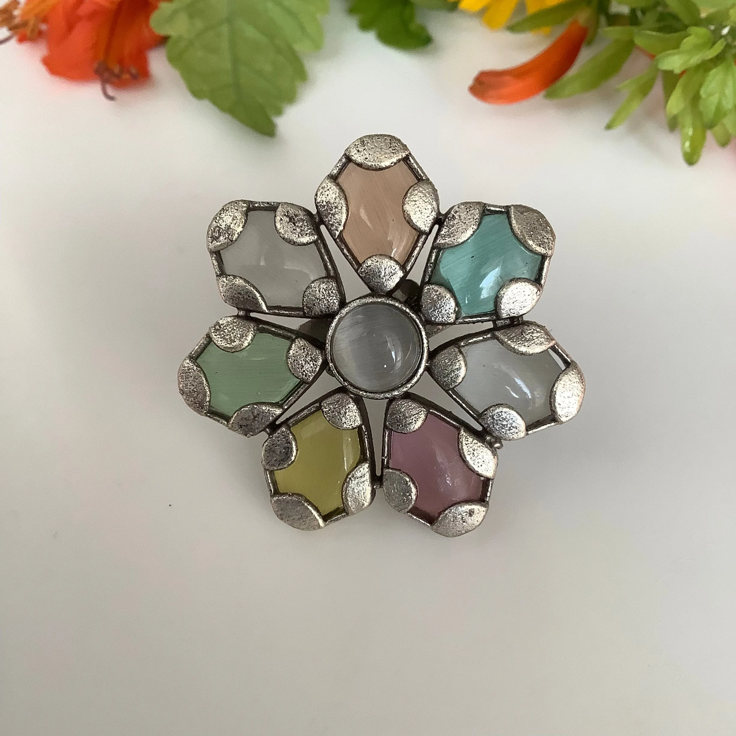 Salvanity German Silver Rainbow Flower Adjustable Finger Ring