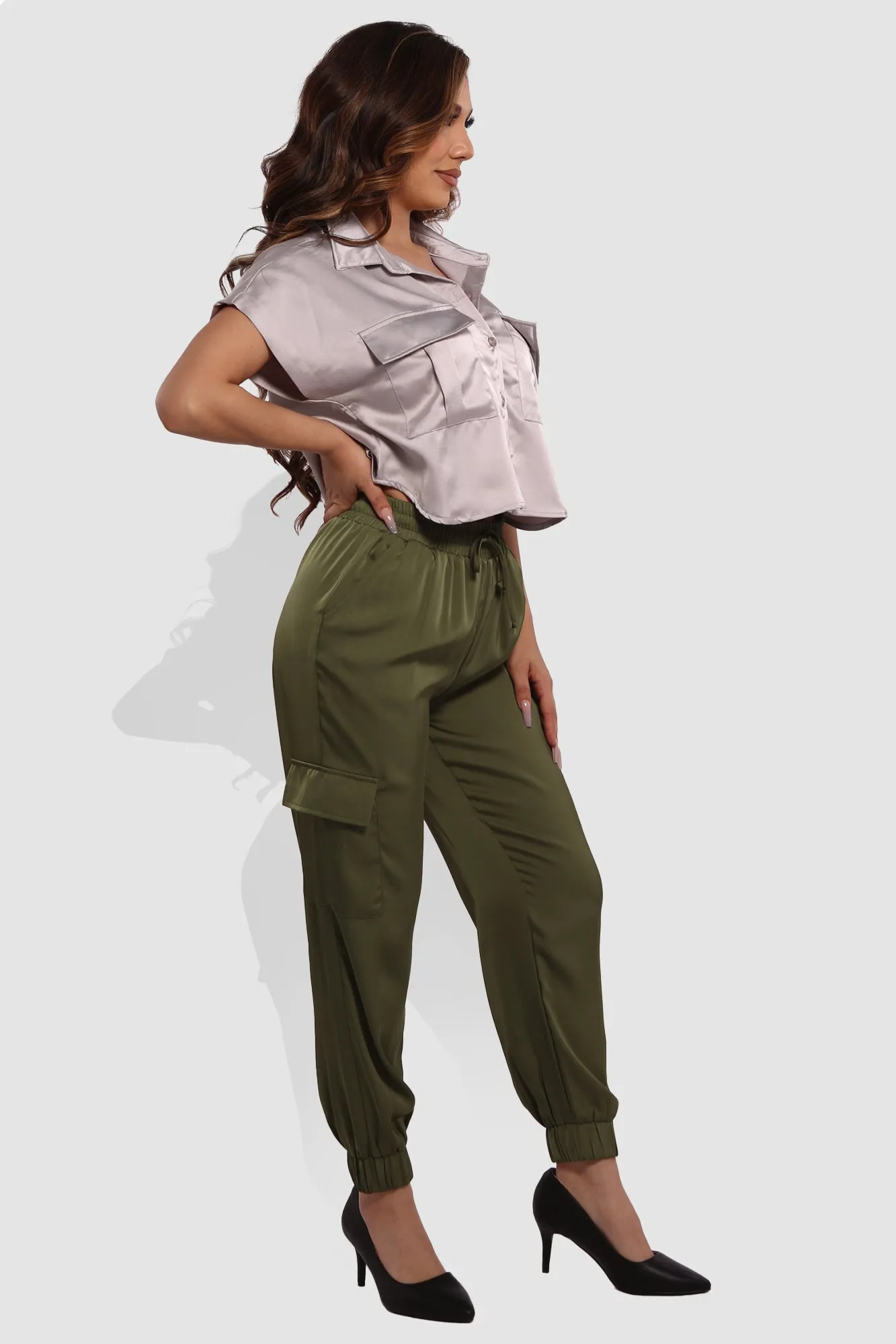 Satin Cargo Joggers With Self Waist Tie - Olive