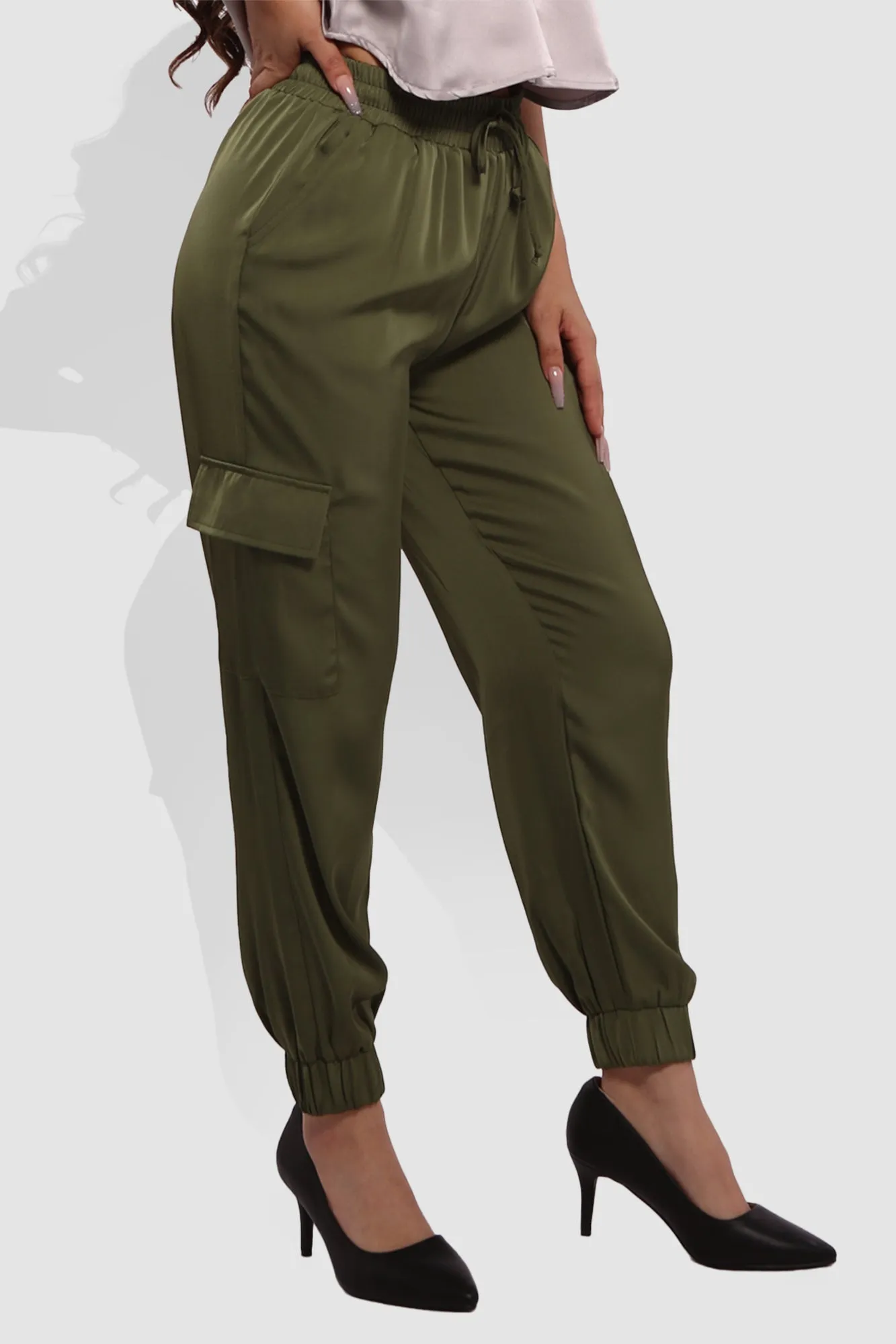 Satin Cargo Joggers With Self Waist Tie - Olive