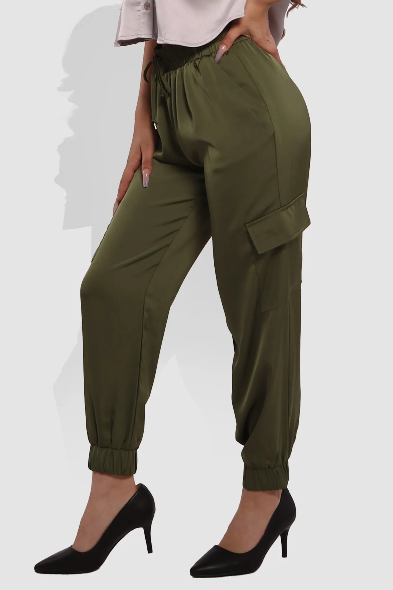 Satin Cargo Joggers With Self Waist Tie - Olive