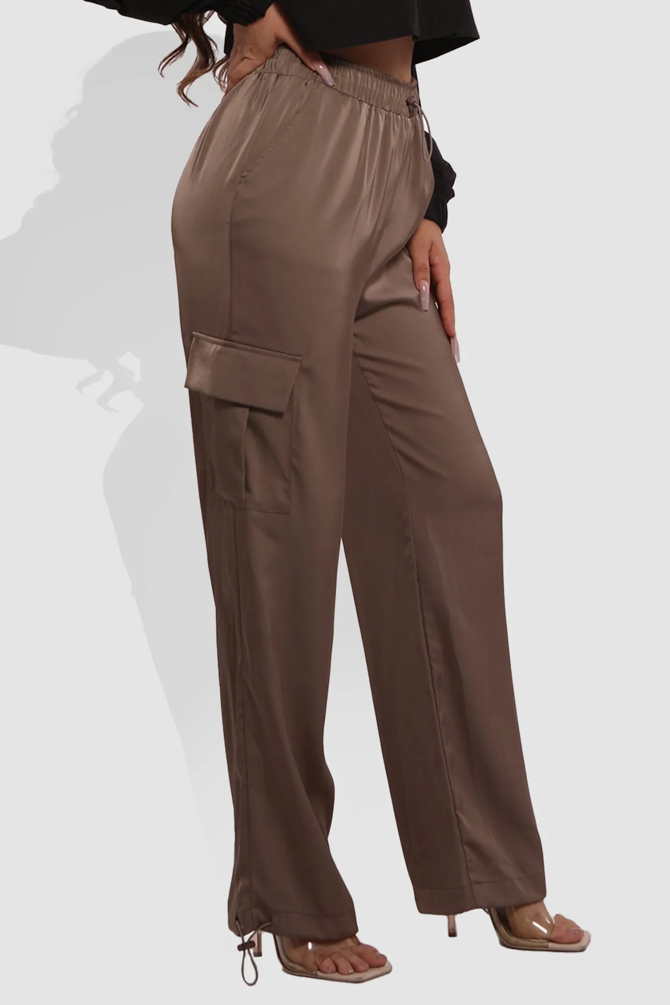 Soft Satin Bungee Cargo Sweatpants - Dark Taupe