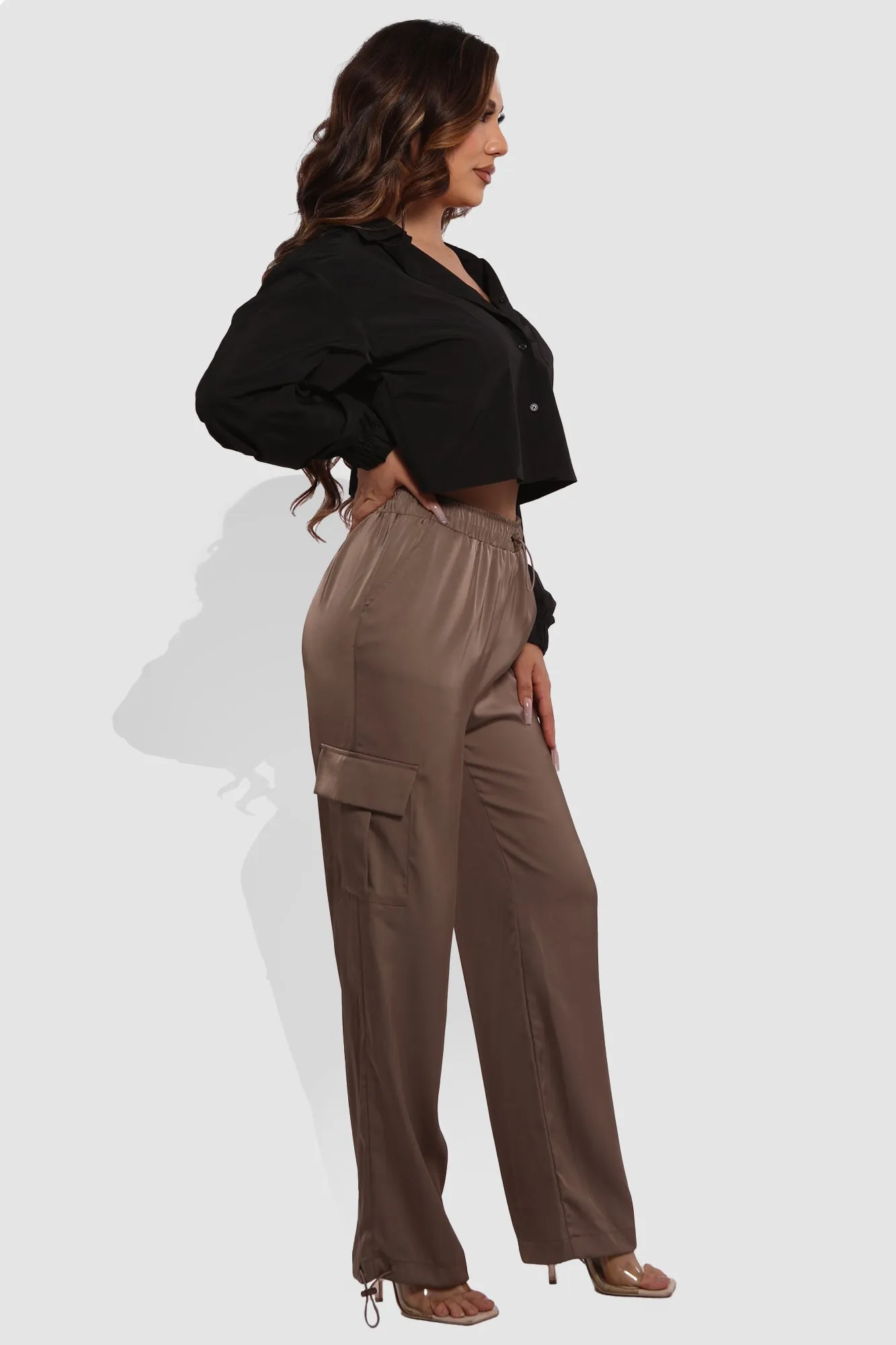 Soft Satin Bungee Cargo Sweatpants - Dark Taupe