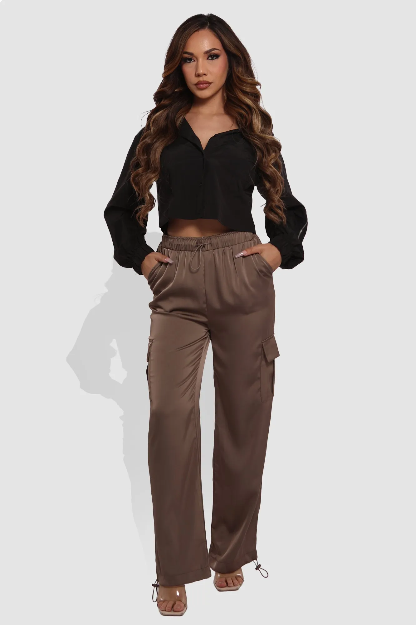 Soft Satin Bungee Cargo Sweatpants - Dark Taupe