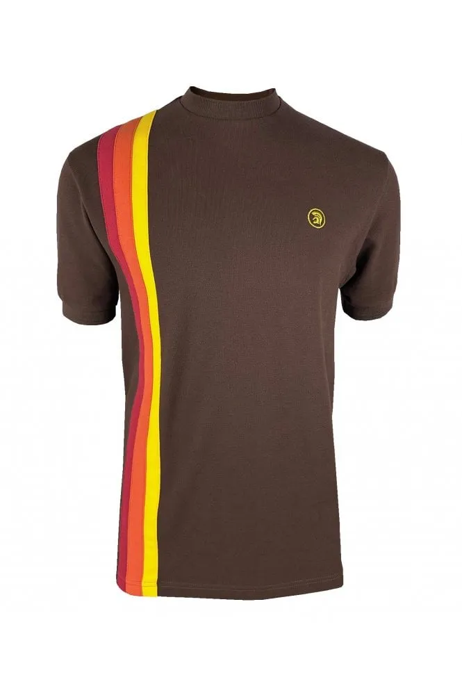 Trojan Records Men's TR8943 SS Racing Stripe T Shirt Chocolate Brown