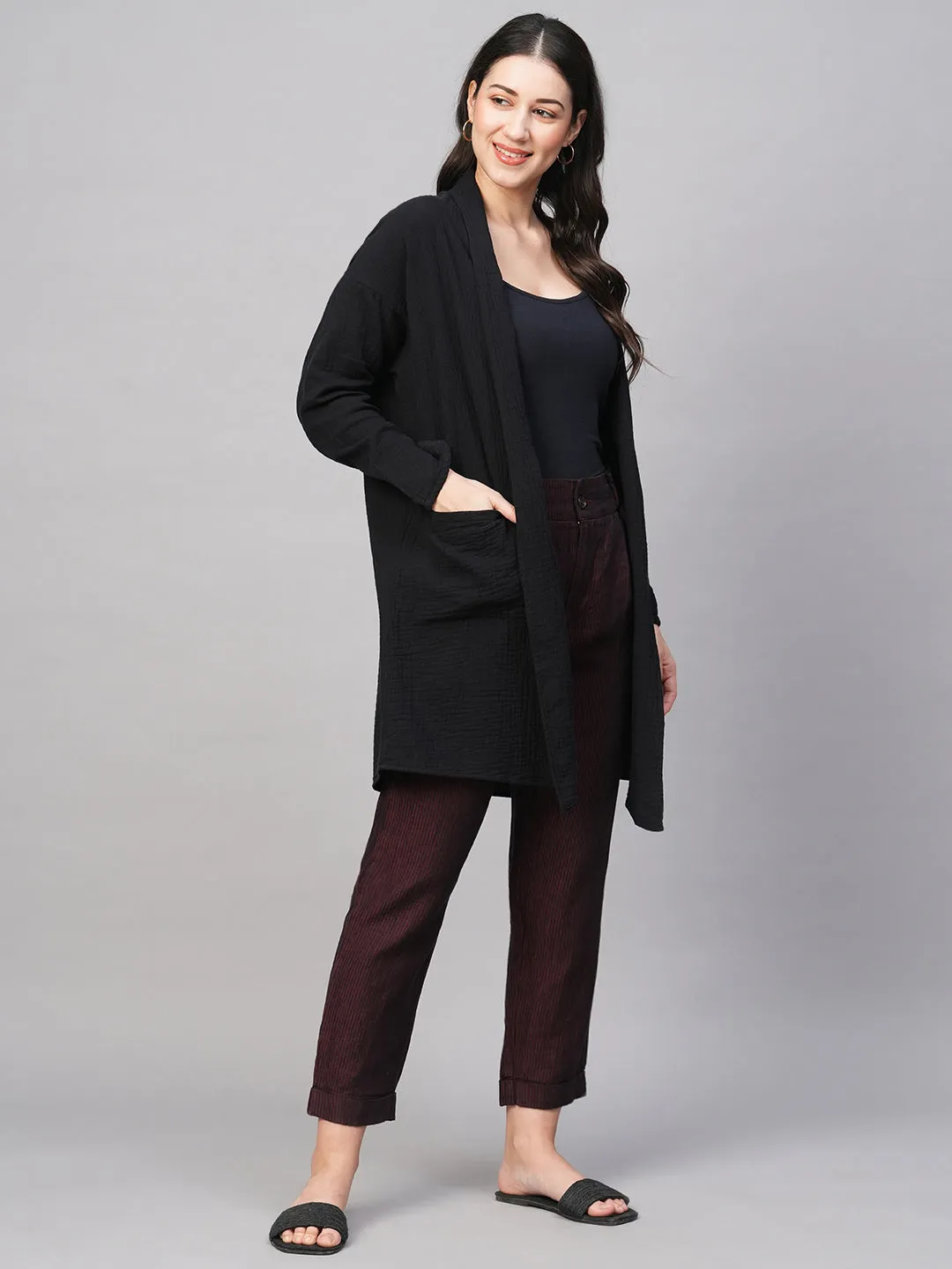 Women's Black Cotton Regular Fit Shrug