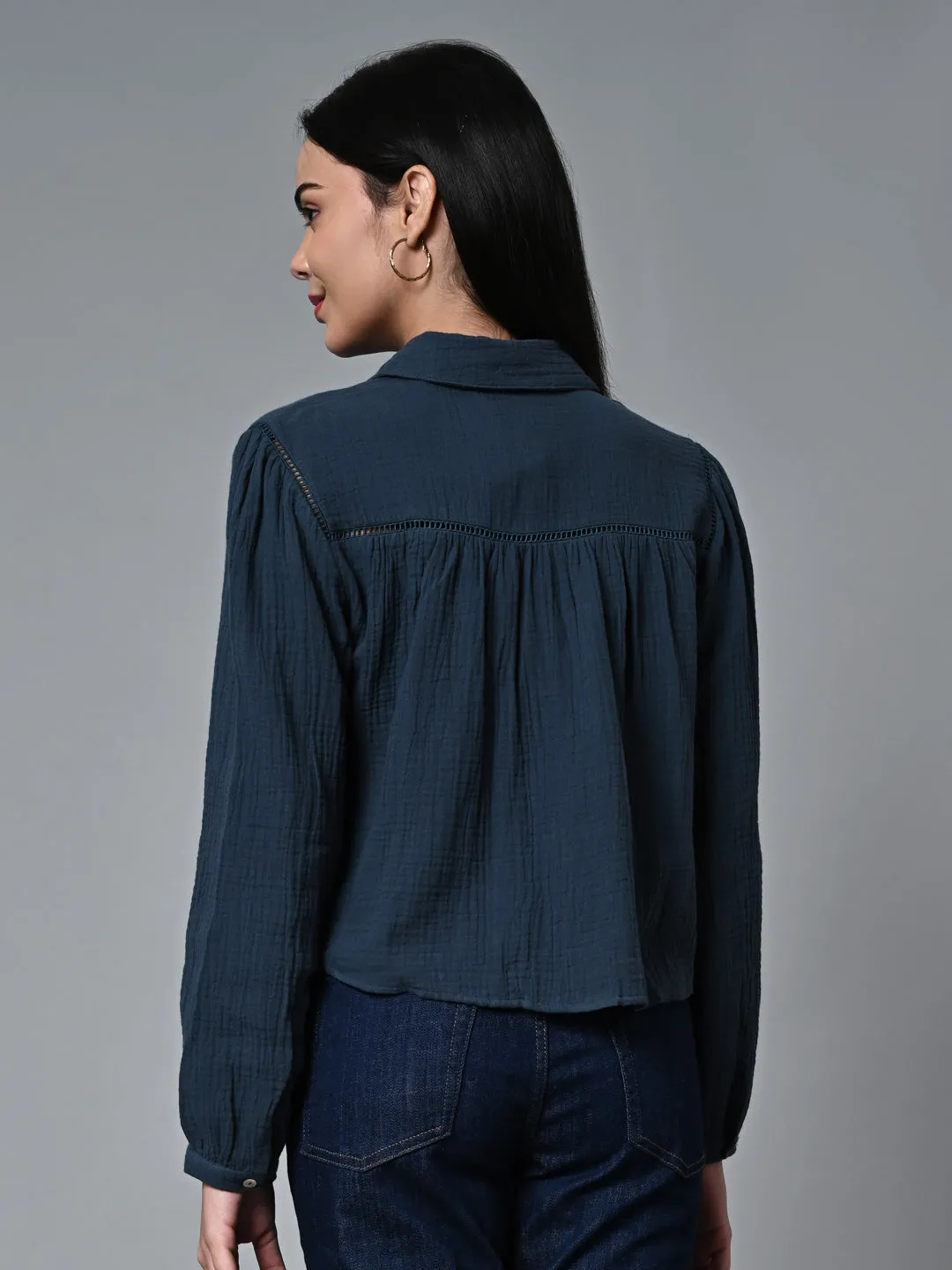 Women's Blue Cotton Regular Fit Blouse