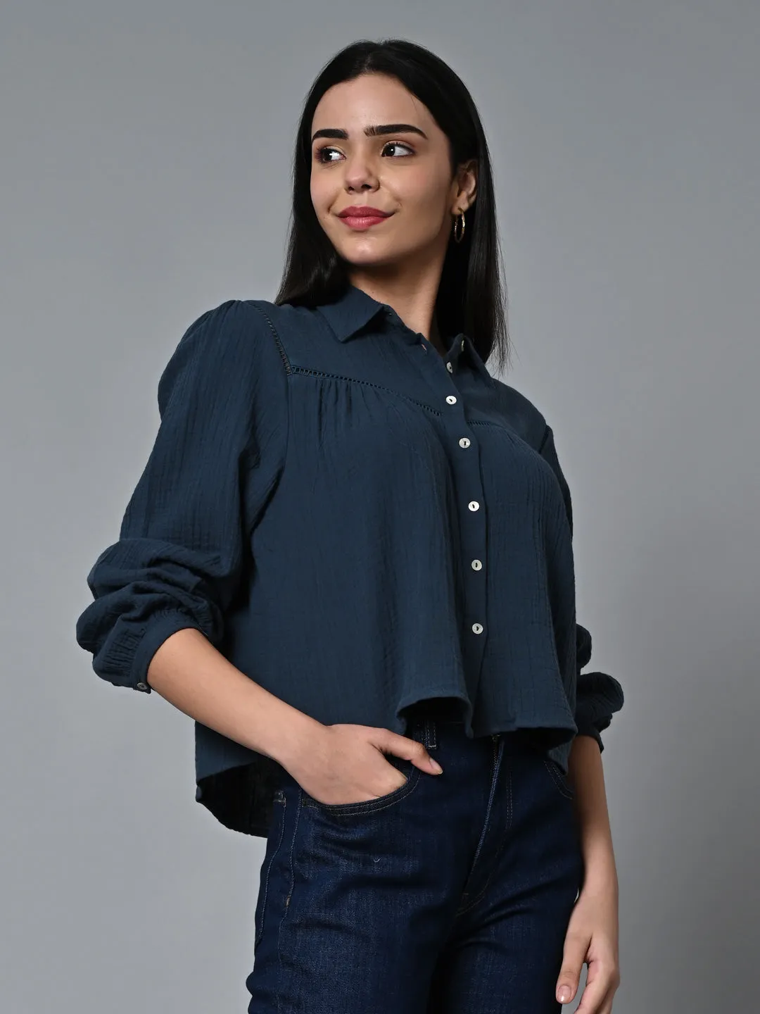 Women's Blue Cotton Regular Fit Blouse