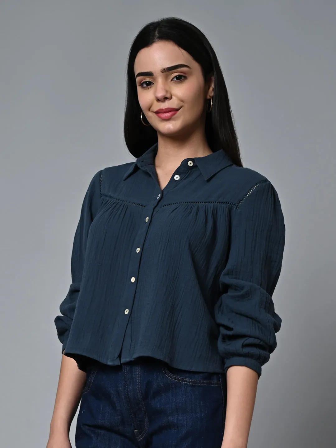 Women's Blue Cotton Regular Fit Blouse